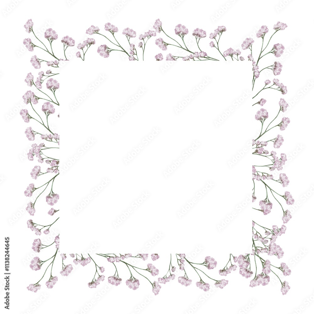 Square frame, wreath sprig of small, light, purple flowers. Dried Flower on a white background. High quality illustration. Decoration for the holidays. For labels, stickers, business cards, postcards Square frame, wreath sprig of small, light, purple flowers. Dried Flower on a white background. High quality illustration. Decoration for the holidays. For labels, stickers, business cards, postcards