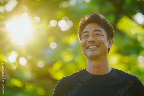 A happy middle-aged asian man, smiling jogging outdoors