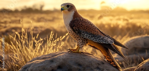 A Lanner Falcon standing on a sunlit rock outcrop in the savanna photo