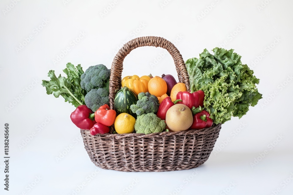 A wicker basket overflowing with fresh, colorful fruits and vegetables, showcasing a healthy and vibrant harvest. A wicker basket overflowing with fresh, colorful fruits and vegetables, showcasing a healthy and vibrant harvest.