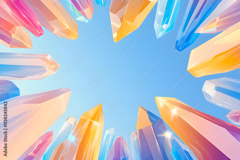 Vibrant, colorful crystals reach towards a clear blue sky, creating a surreal and dreamy image. The pastel hues and unique perspective offer a captivating visual. Vibrant, colorful crystals reach towards a clear blue sky, creating a surreal and dreamy image. The pastel hues and unique perspective offer a captivating visual.