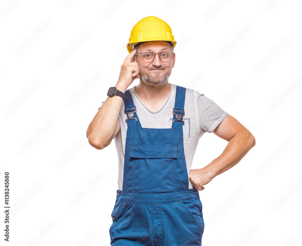 Crafty middle-aged construction worker asking. Copy space, isolated on white background. Close-up repairman at ask concept. Craftsman against white wall Crafty middle-aged construction worker asking. Copy space, isolated on white background. Close-up repairman at ask concept. Craftsman against white wall