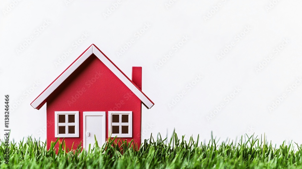 Financial safeguards and investment safety. Red house on green grass with a white background, symbolizing home and nature. Financial safeguards and investment safety. Red house on green grass with a white background, symbolizing home and nature.