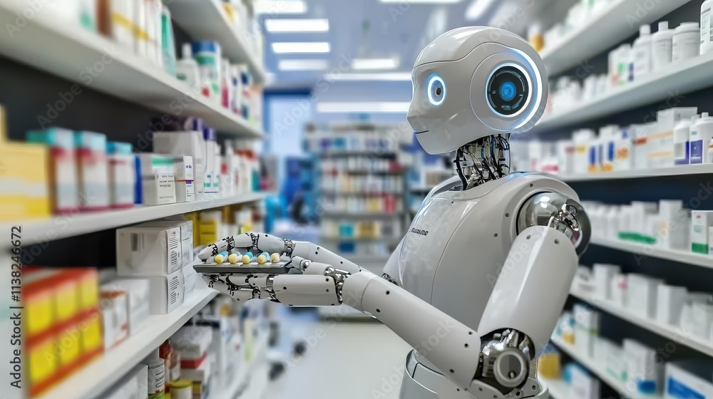 A humanoid robot assists in a pharmacy, examining medication shelves, showcasing the integration of technology in healthcare. A humanoid robot assists in a pharmacy, examining medication shelves, showcasing the integration of technology in healthcare.