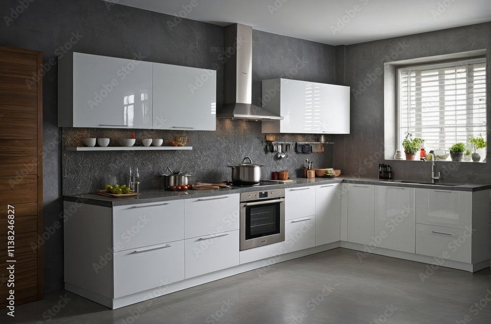 Fototapeta premium Modern White Kitchen Design With Grey Textured Backsplash