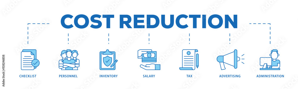 Cost reduction infographic icon flow process which consists of checklist, personnel, inventory, salary, tax, advertising and administration icon live stroke and easy to edit . Cost reduction infographic icon flow process which consists of checklist, personnel, inventory, salary, tax, advertising and administration icon live stroke and easy to edit .