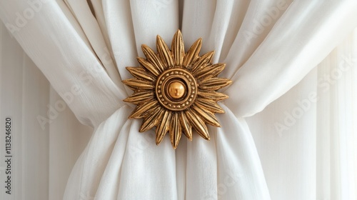 Gold sunburst curtain tieback on white drapes. (2) photo