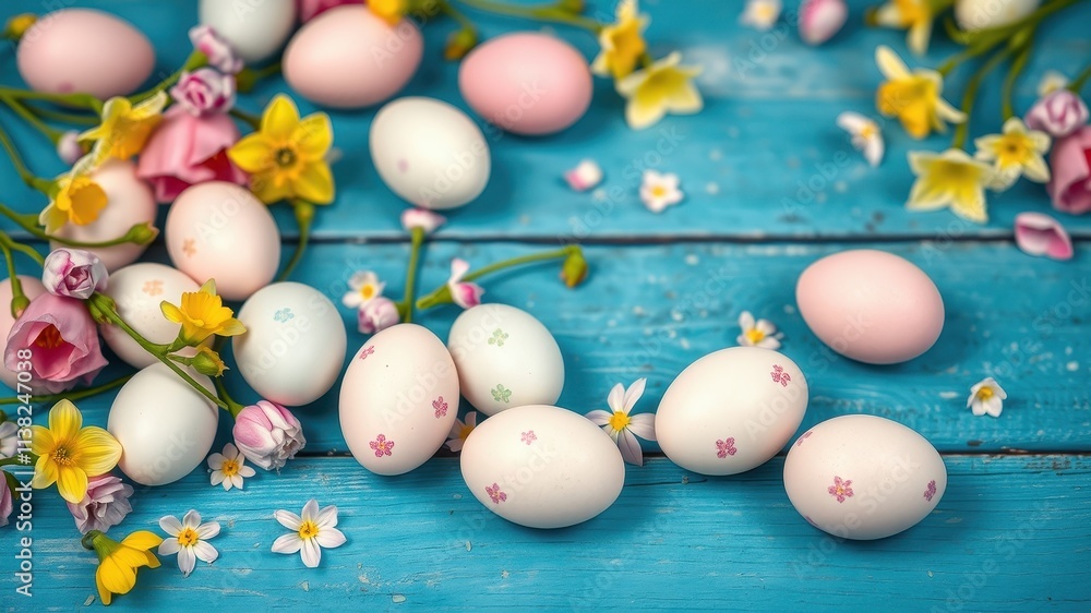 Delicate Easter Eggs Adorned with Floral Patterns on a Vibrant Blue Wooden Background Delicate Easter Eggs Adorned with Floral Patterns on a Vibrant Blue Wooden Background