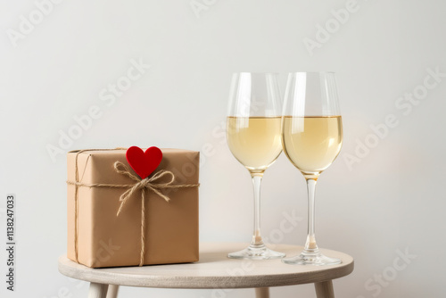 Brown box with a red heart on it sits on a table