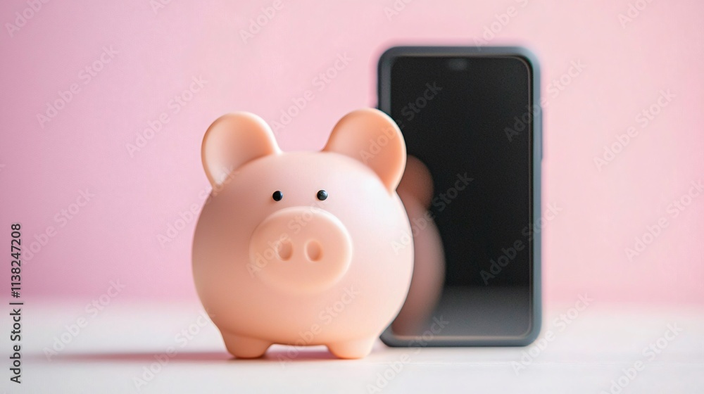 Financial safeguards and investment safety. Piggy bank and smartphone against a soft pink background symbolizing savings and digital finance. Financial safeguards and investment safety. Piggy bank and smartphone against a soft pink background symbolizing savings and digital finance.