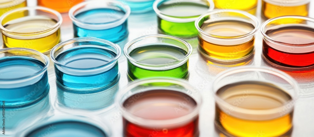 Colorful liquids in small transparent cups on a white surface. Colorful liquids in small transparent cups on a white surface.