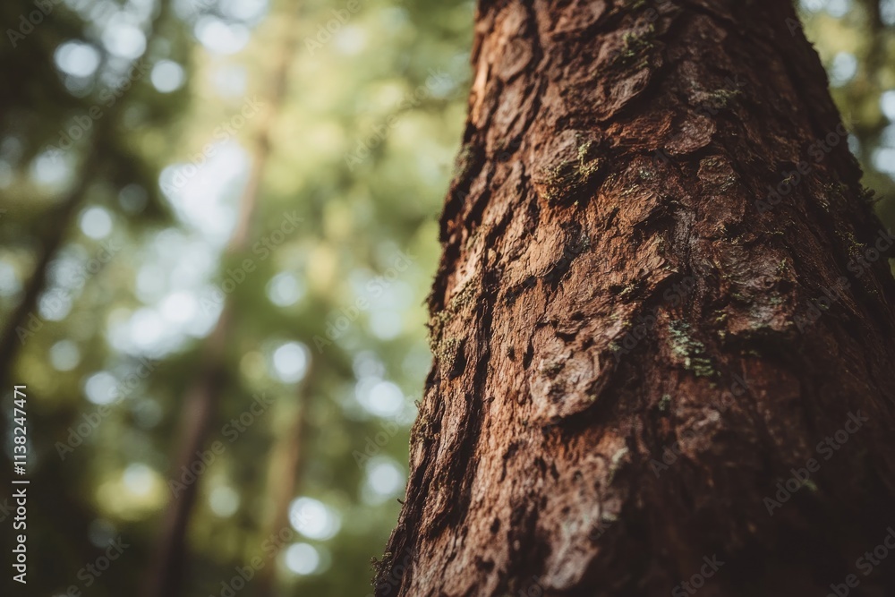 Close-up of tree bark texture in a sun-dappled forest, showing detail and depth.