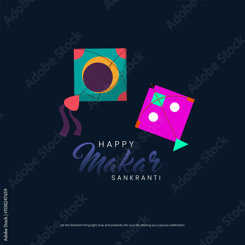 Two colorful kites flying in the sky with the words Happy Makar Sankranti in a festive font capturing the joy and excitement of the festival with vibrant colors