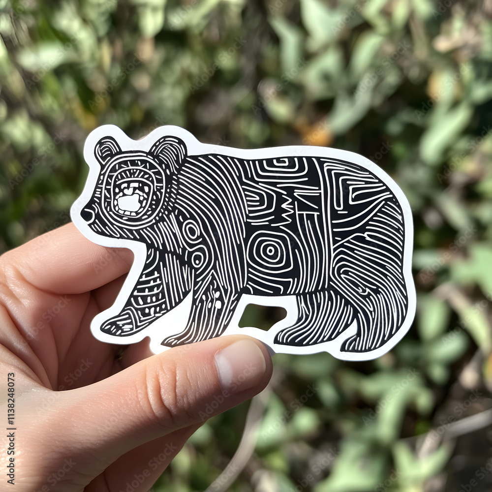 Hand holding walking bear sticker with geometric pattern