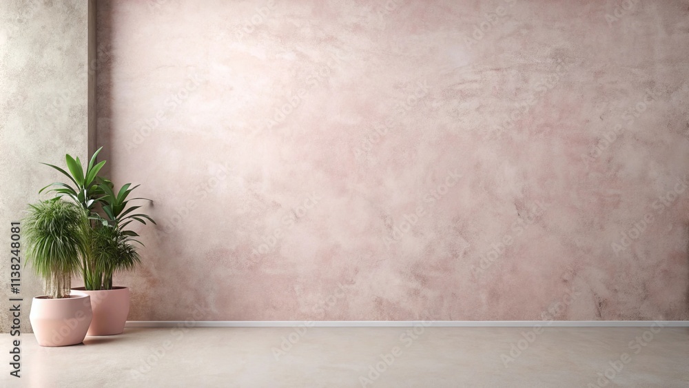 Minimalist interior design featuring blush-toned wall, potted plants, and neutral floor Minimalist interior design featuring blush-toned wall, potted plants, and neutral floor