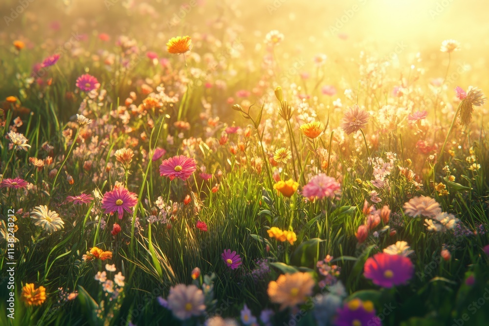 Vibrant wildflowers bathed in golden sunlight, creating a picturesque summer meadow scene. Vibrant wildflowers bathed in golden sunlight, creating a picturesque summer meadow scene.
