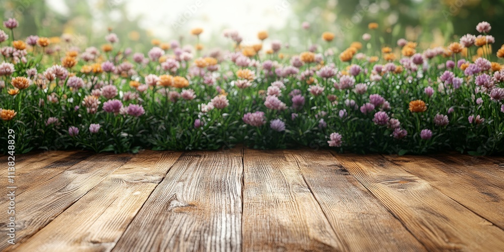 A background with a wooden surface in the foreground, neutral space for potential ad design. The background is softly blurred with natural elements like green trees, grass, and flowers,