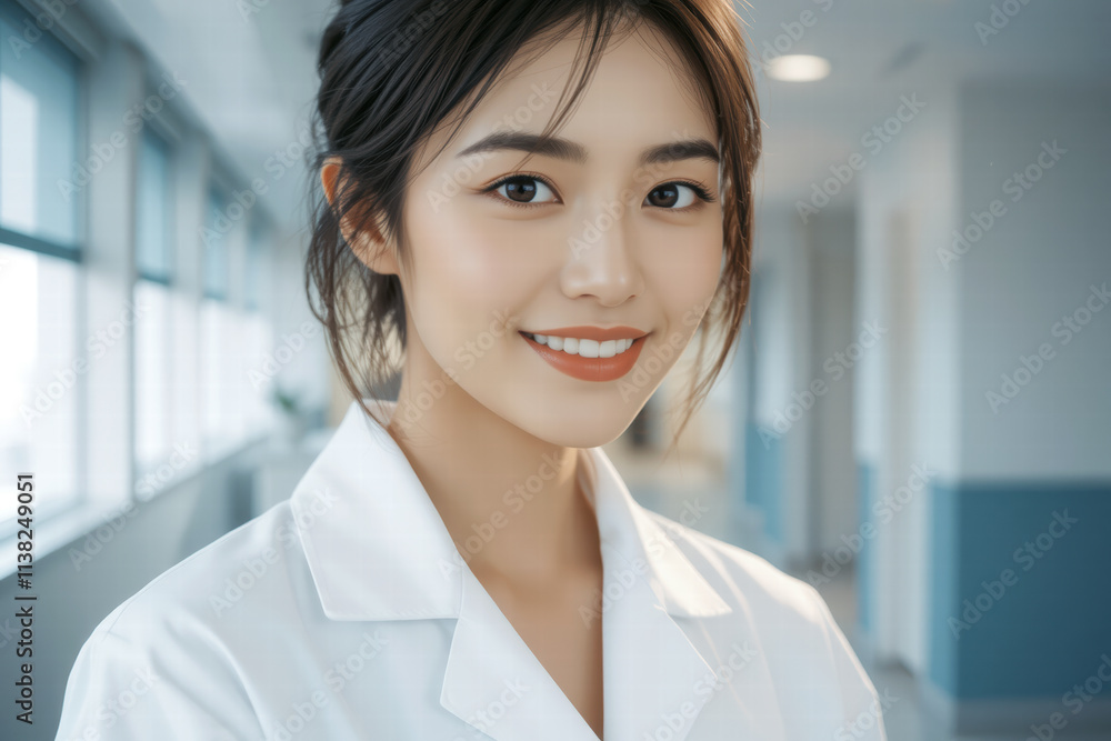 smiling woman in white lab coat stands in bright medical environment, exuding professionalism and warmth. Her confident demeanor reflects caring attitude smiling woman in white lab coat stands in bright medical environment, exuding professionalism and warmth. Her confident demeanor reflects caring attitude