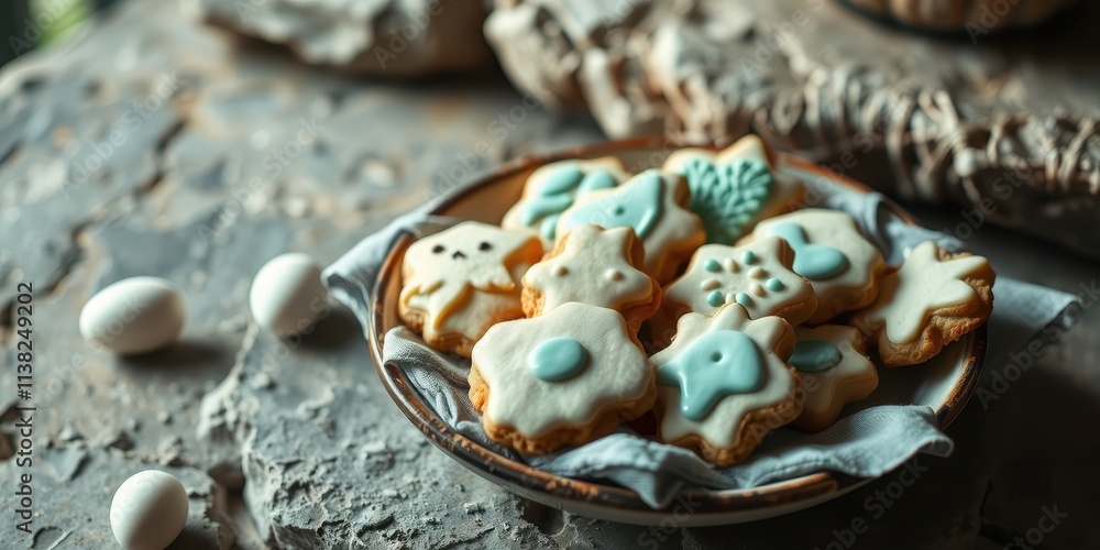 A plate of freshly baked cookies adorned with delicate blue and white icing, arranged on a rustic stone surface, creating a delightful and inviting culinary scene. A plate of freshly baked cookies adorned with delicate blue and white icing, arranged on a rustic stone surface, creating a delightful and inviting culinary scene.