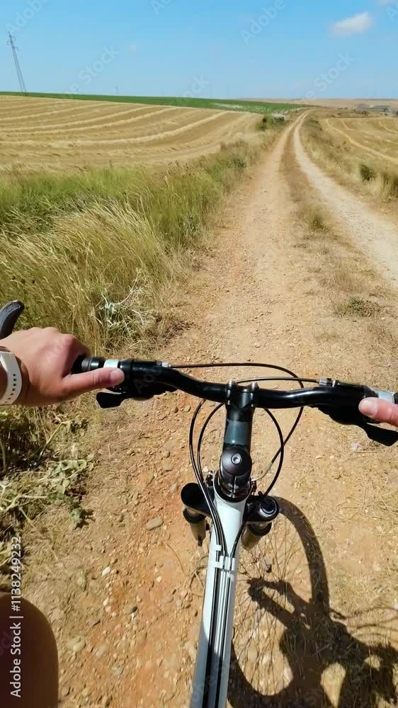 Man riding bicycle on dirt path in countryside on a sunny summer day. Cycling outdoors natural park. POV. High quality 4k footage Man riding bicycle on dirt path in countryside on a sunny summer day. Cycling outdoors natural park. POV. High quality 4k footage
