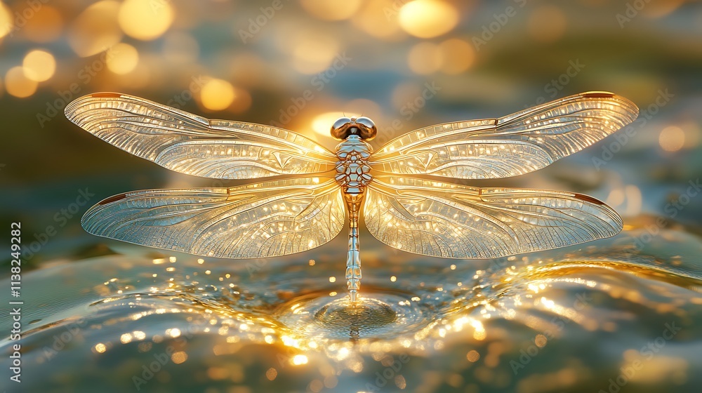 A dragonfly with delicate translucent wings resting on a shimmering water droplet, the soft golden hour lighting adding a radiant warmth, surrounded by blurred green and yellow tones of a meadow, A dragonfly with delicate translucent wings resting on a shimmering water droplet, the soft golden hour lighting adding a radiant warmth, surrounded by blurred green and yellow tones of a meadow,