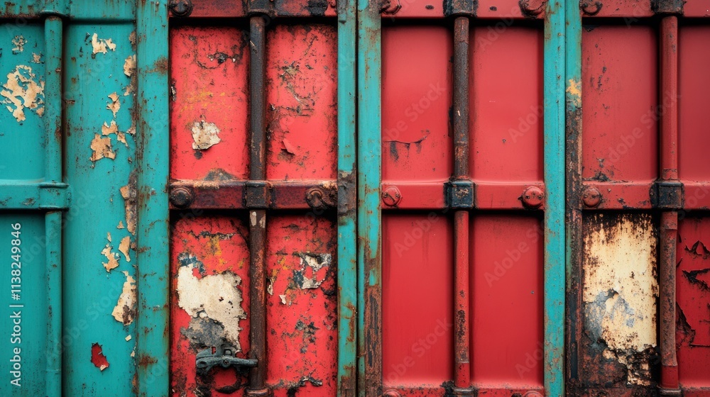Naklejka premium Weathered teal and red metal panels with rust and peeling paint.