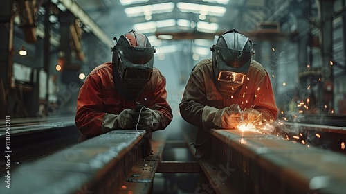 Two welders in protective gear meticulously weld a large metal beam in a factory.