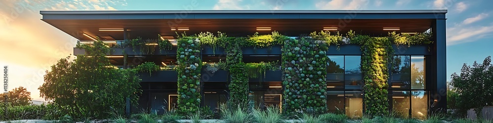 Sustainable building exterior made of recycled materials, featuring living green walls and water conservation systems, Generative Ai Sustainable building exterior made of recycled materials, featuring living green walls and water conservation systems, Generative Ai