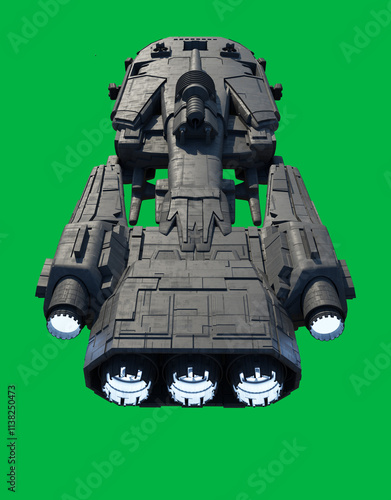 Space Ship with Top Mounted Cannon and Side Lasers with White Glowing Engines on a Green Screen Background - Rear View From Above, 3d digitally rendered science fiction illustration