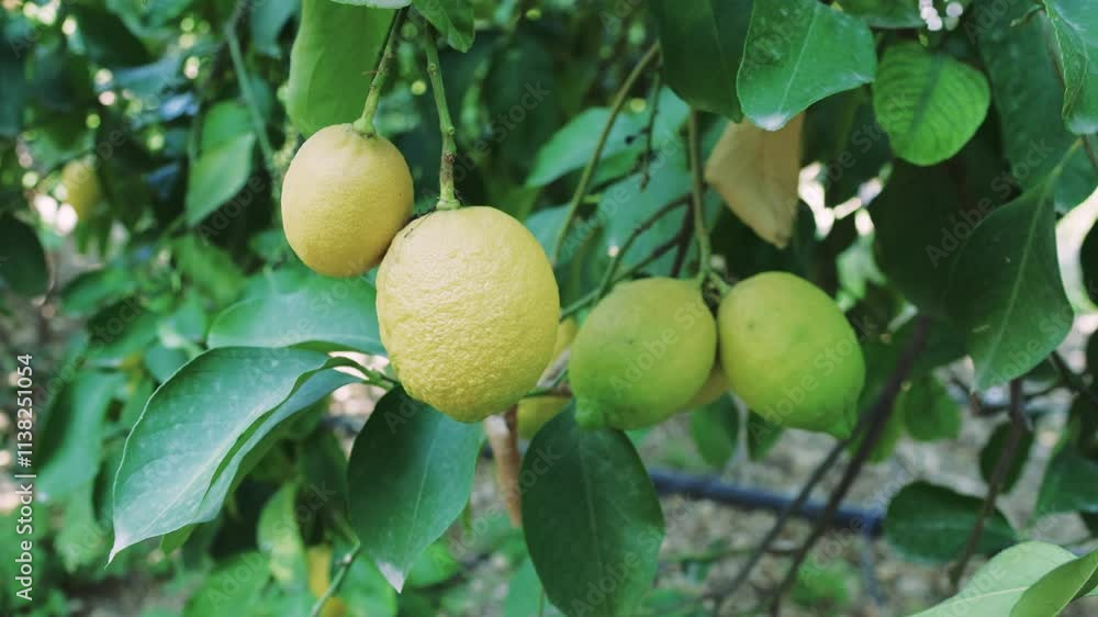 Closeup view of a lemon tree branch featuring ripe yellow lemons swaying in the gentle breeze, surrounded by lush green leaves under warm, natural sunlight Closeup view of a lemon tree branch featuring ripe yellow lemons swaying in the gentle breeze, surrounded by lush green leaves under warm, natural sunlight