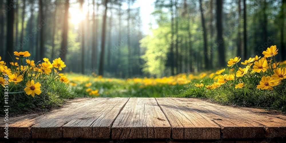 A background with a wooden surface in the foreground, neutral space for potential ad design. The background is softly blurred with natural elements like green trees, grass, and flowers, A background with a wooden surface in the foreground, neutral space for potential ad design. The background is softly blurred with natural elements like green trees, grass, and flowers,