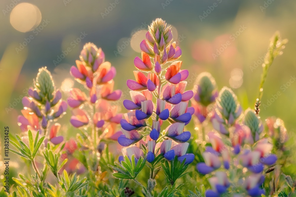 Vibrant lupine flowers bathed in golden sunlight, showcasing their delicate petals and rich colors. Vibrant lupine flowers bathed in golden sunlight, showcasing their delicate petals and rich colors.