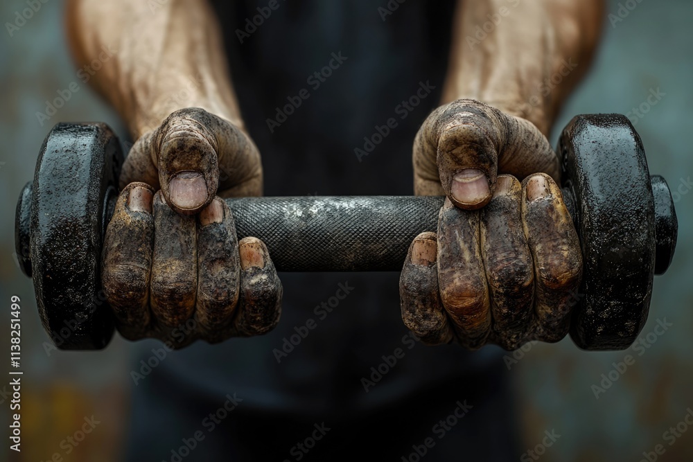 Close-up of dirty hands gripping a heavy dumbbell, showcasing strength and hard work. Close-up of dirty hands gripping a heavy dumbbell, showcasing strength and hard work.