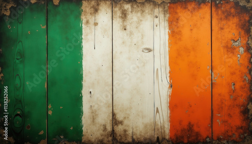 Weathered Irish flag with vibrant green, white, and orange colors on a wooden background photo