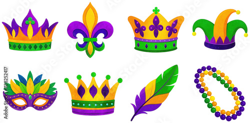 Colorful Mardi Gras symbols, crowns, mask, beads and feathers. Carnival, parade, celebration, PNG image isolated on transparent background photo