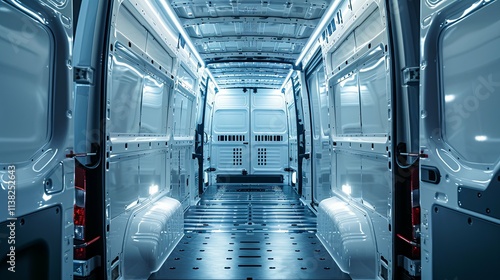 Empty White Cargo Van Interior with Metal Floor and LED Lighting