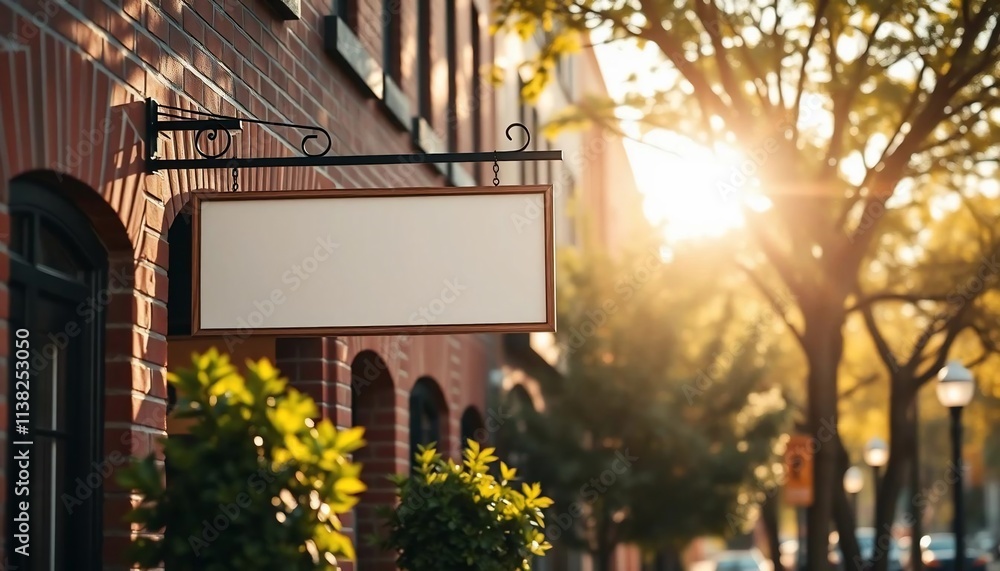 Fototapeta premium Blank Store Sign on Brick Building Golden Hour Sunlight
