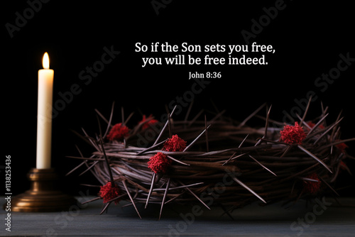 Bible verse quote - So if the Son sets you free, you will be free indeed. John Burning candle with Jesus Christ crown. John 8:36 with candle light and Jesus Christ thorns of crown on dark background.