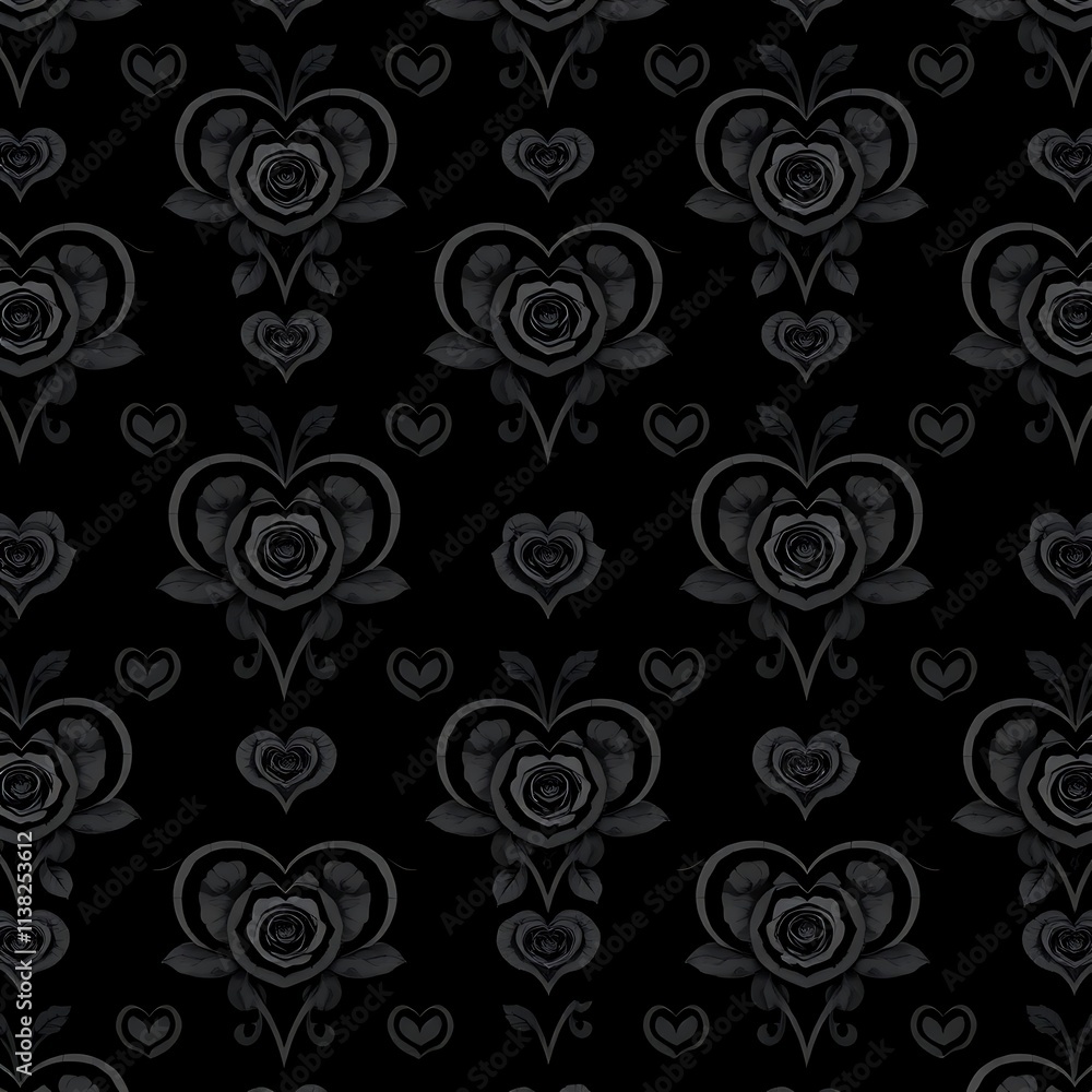 Fototapeta premium Black and Grey Floral Heart Pattern: An elegant and intricate seamless pattern featuring black roses nestled within grey hearts on a black background.