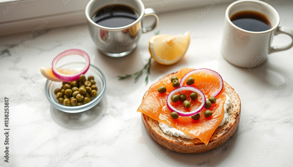 A tasty composition featuring a sesame seed bagel with cream cheese, smoked salmon, and capers, paired alongside coffee in rustic cups for a delightful breakfast or brunch gathering.
A tasty composition featuring a sesame seed bagel with cream cheese, smoked salmon, and capers, paired alongside coffee in rustic cups for a delightful breakfast or brunch gathering.