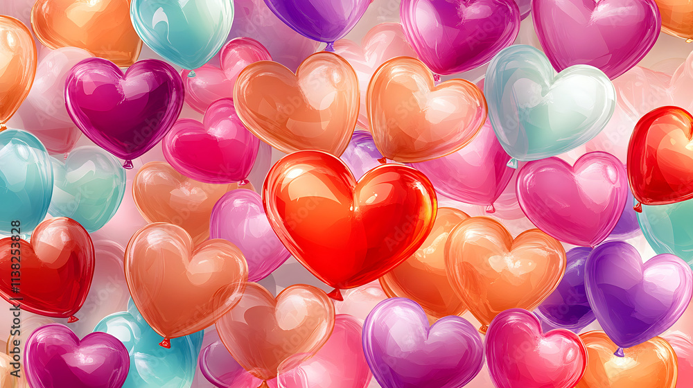 A cluster of heart-shaped balloons in various shades of pink, orange, red, and purple fill the frame, creating a cheerful and romantic atmosphere. A cluster of heart-shaped balloons in various shades of pink, orange, red, and purple fill the frame, creating a cheerful and romantic atmosphere.