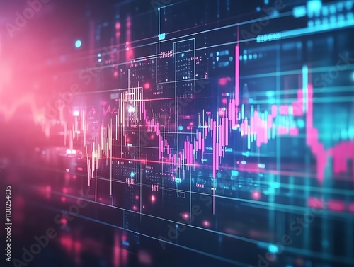 Cryptocurrency investment symbols with fluctuating charts on futuristic background 