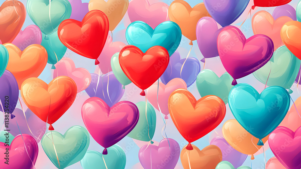 A cluster of heart-shaped balloons in various colors fills the frame, creating a cheerful and romantic atmosphere. A cluster of heart-shaped balloons in various colors fills the frame, creating a cheerful and romantic atmosphere.