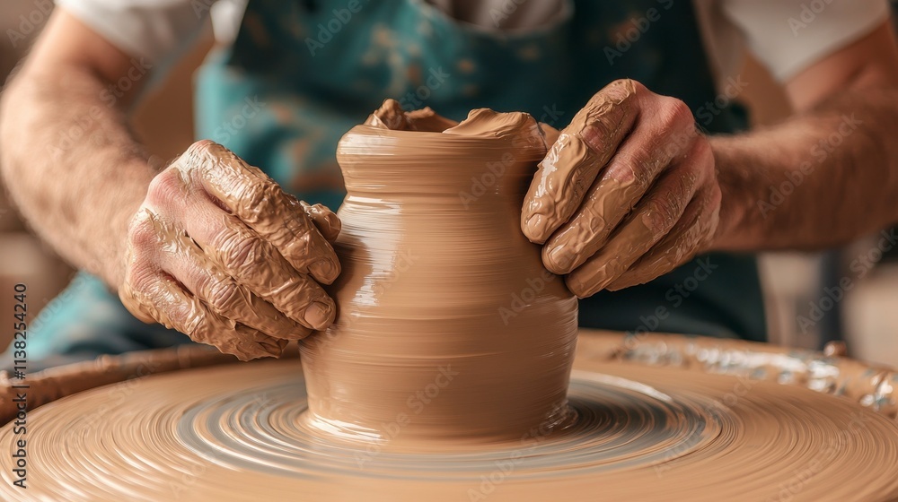 Skilled ceramic artist shaping a clay pot on a potter's wheel, showcasing the art of pottery and the intricacies of craftsmanship in a studio environment. Skilled ceramic artist shaping a clay pot on a potter's wheel, showcasing the art of pottery and the intricacies of craftsmanship in a studio environment.