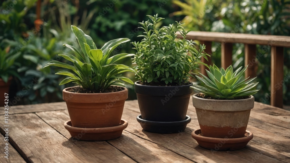 Potted plants on a wooden table creating a peaceful outdoor setting Potted plants on a wooden table creating a peaceful outdoor setting