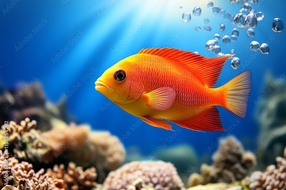 Naklejka premium A 3D-rendered tropical aquarium, featuring vibrant fish swimming among colorful corals, with bubbles rising to the surface and dynamic lighting effects