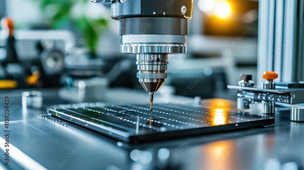 Close-up of a precision instrument calibrating a manufacturing machine, representing technological advancement Close-up of a precision instrument calibrating a manufacturing machine, representing technological advancement