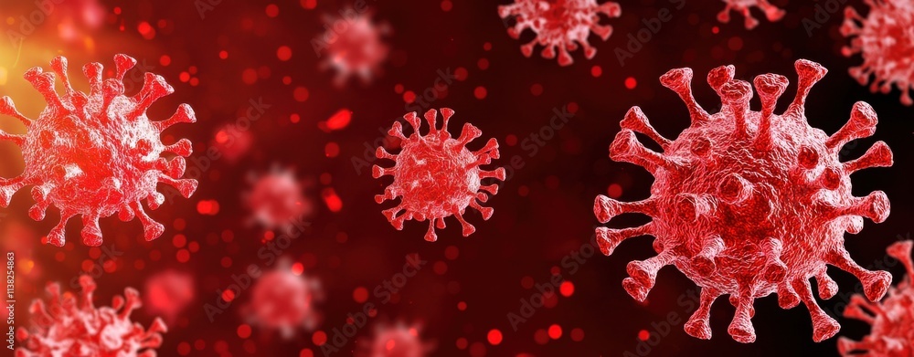 A visually striking depiction of red virus particles on a dark background, illustrating the microscopic world of pathogens. A visually striking depiction of red virus particles on a dark background, illustrating the microscopic world of pathogens.