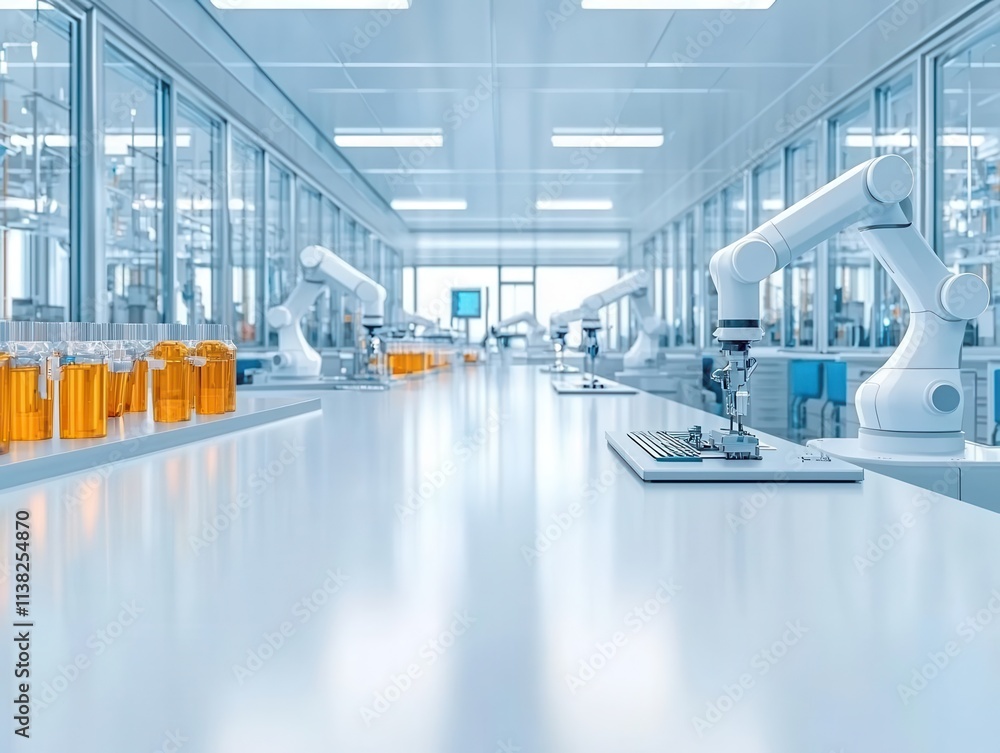High-tech laboratory with robotic arms assembling medical devices, symbolizing precision in life science manufacturing High-tech laboratory with robotic arms assembling medical devices, symbolizing precision in life science manufacturing