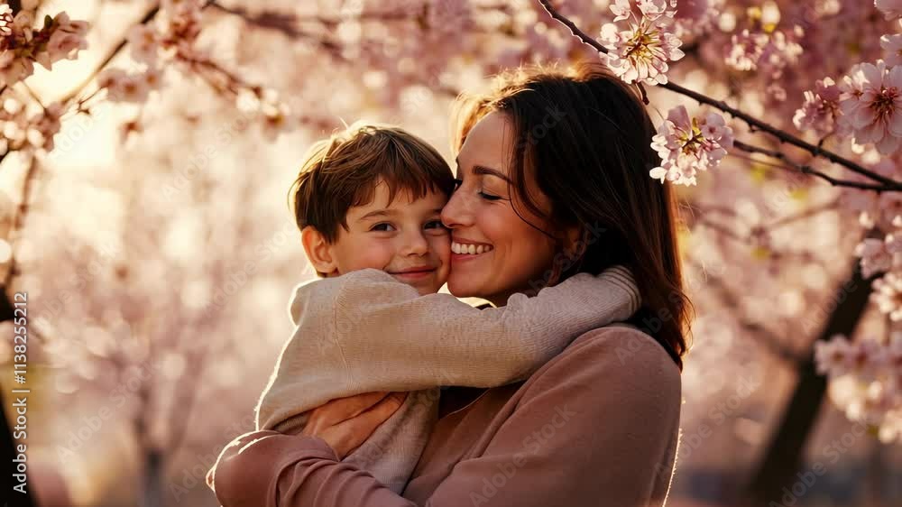 Mother and son share a heartwarming moment among the stunning cherry spring blossoms in full bloom at sunset for mother's day Mother and son share a heartwarming moment among the stunning cherry spring blossoms in full bloom at sunset for mother's day